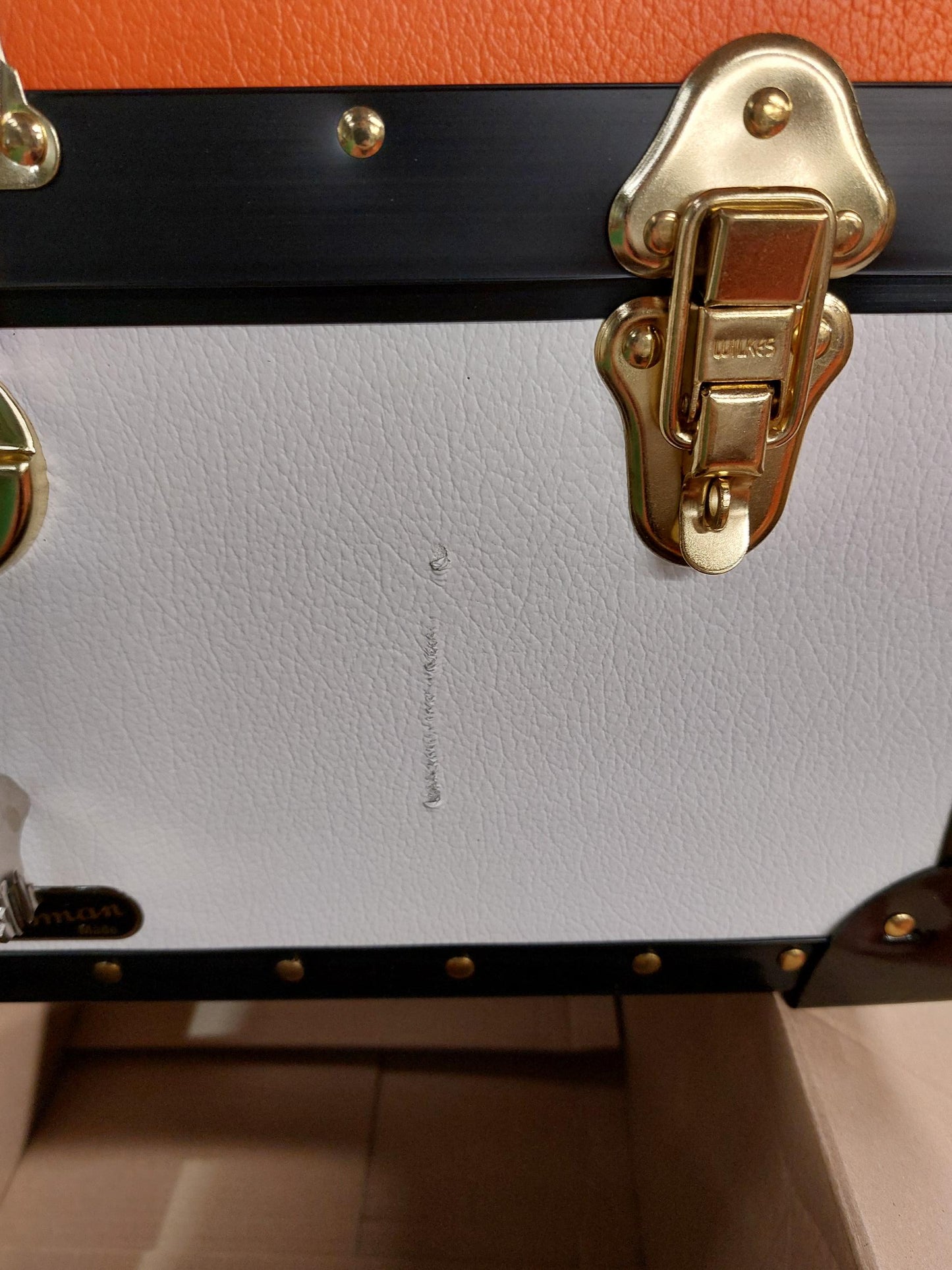 Traditional Tuck Box with Cabin Lock in White with Orange Lid Line, Scratch to Front, OWIS Embossed Lid