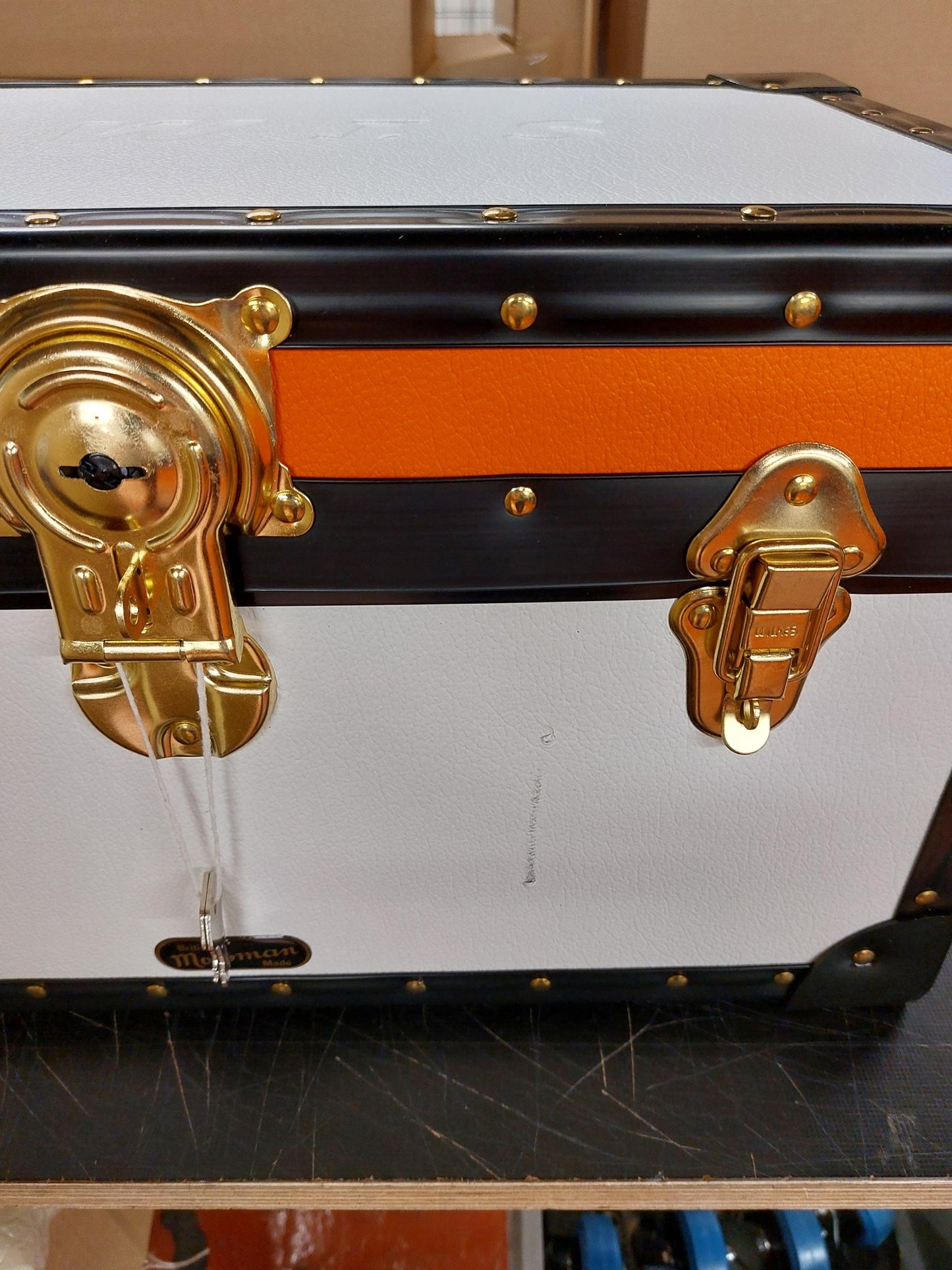 Traditional Tuck Box with Cabin Lock in White with Orange Lid Line, Scratch to Front, OWIS Embossed Lid