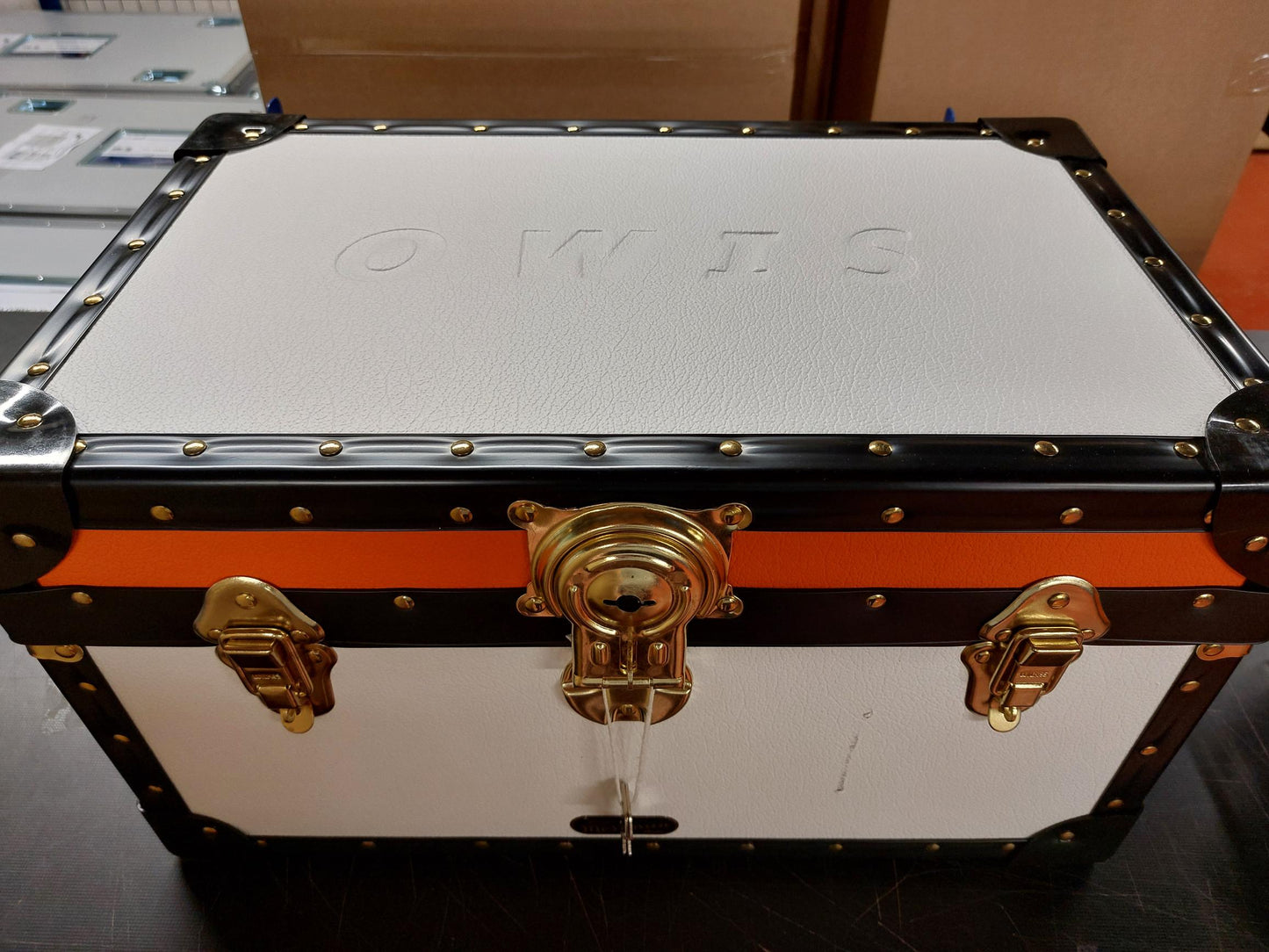 Traditional Tuck Box with Cabin Lock in White with Orange Lid Line, Scratch to Front, OWIS Embossed Lid