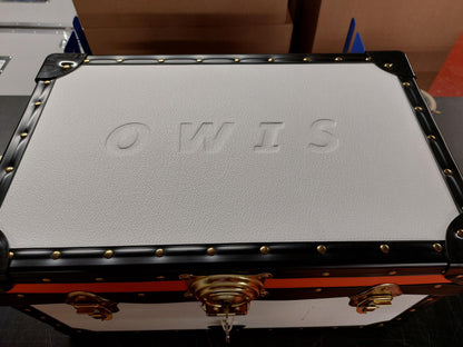 Traditional Tuck Box with Cabin Lock in White with Orange Lid Line, Scratch to Front, OWIS Embossed Lid